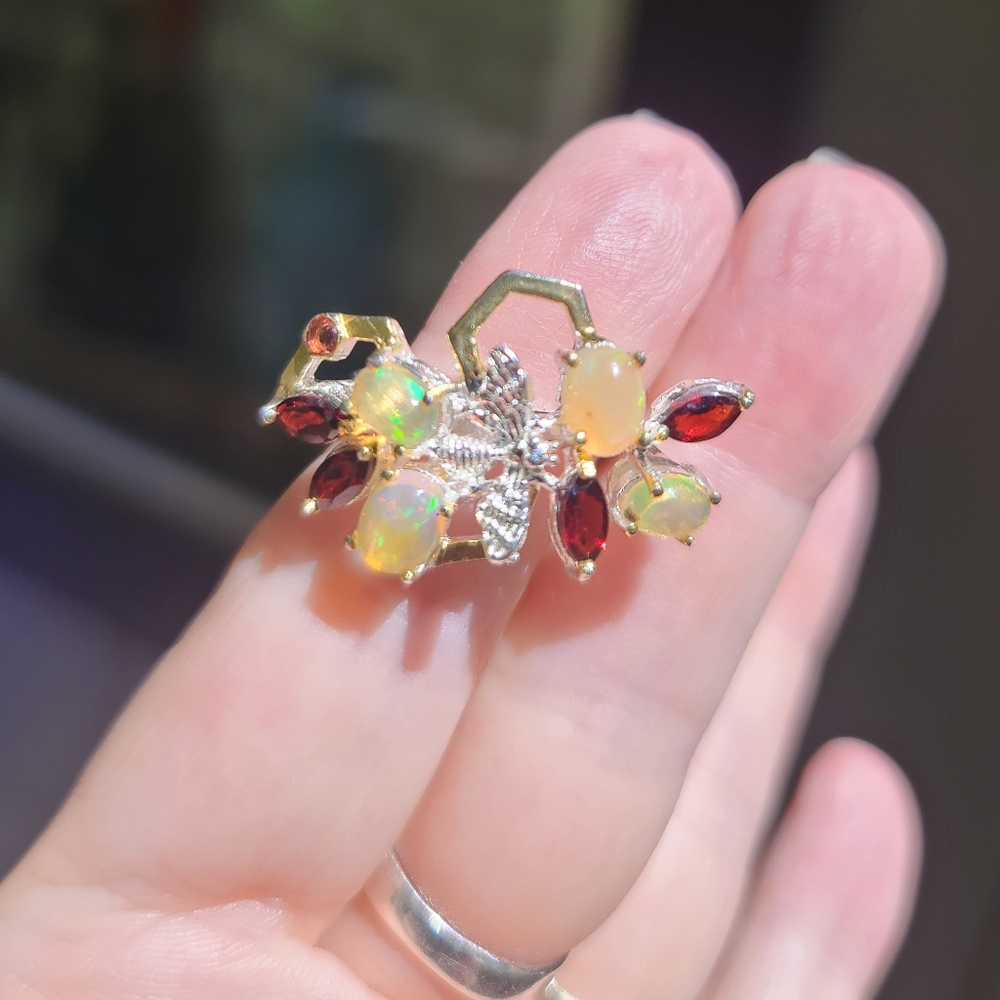 Opal & Garnet sterling & Gold honeycomb 🐝 bee ring sz8.5 - Picture 6 of 8